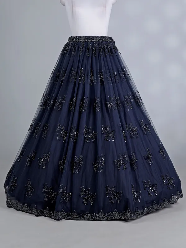 Navy net lehenga choli with pearls and beads work
