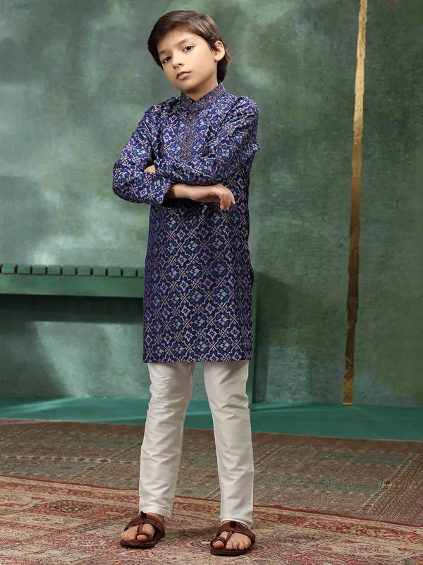 Navy newest printed kurta suit for boys