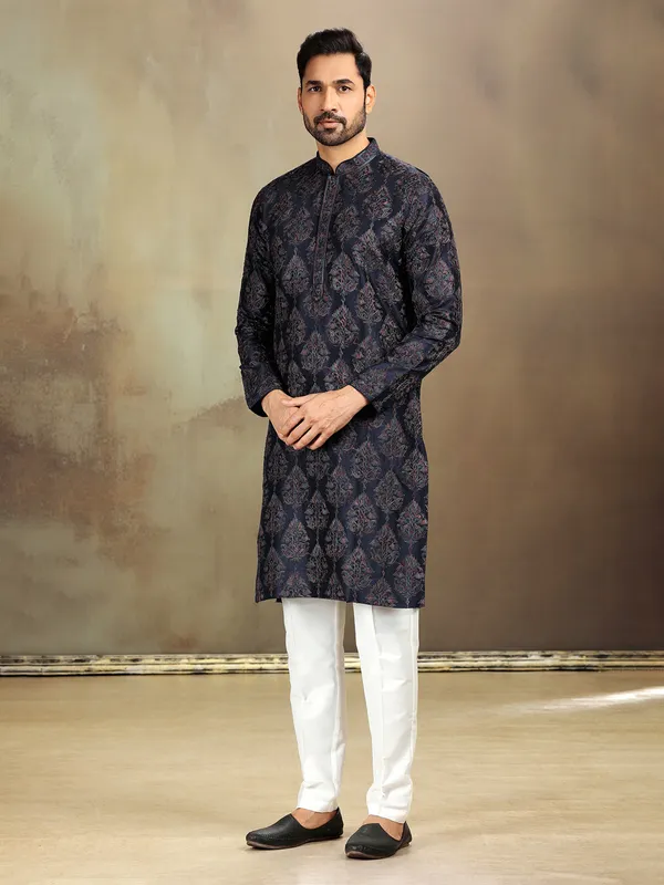 Navy nova silk kurta set with elegance