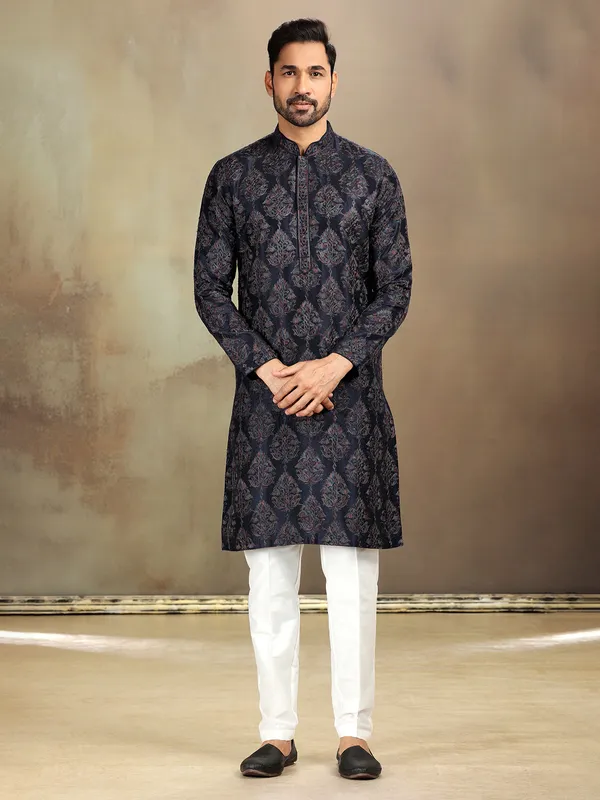 Navy nova silk kurta set with elegance
