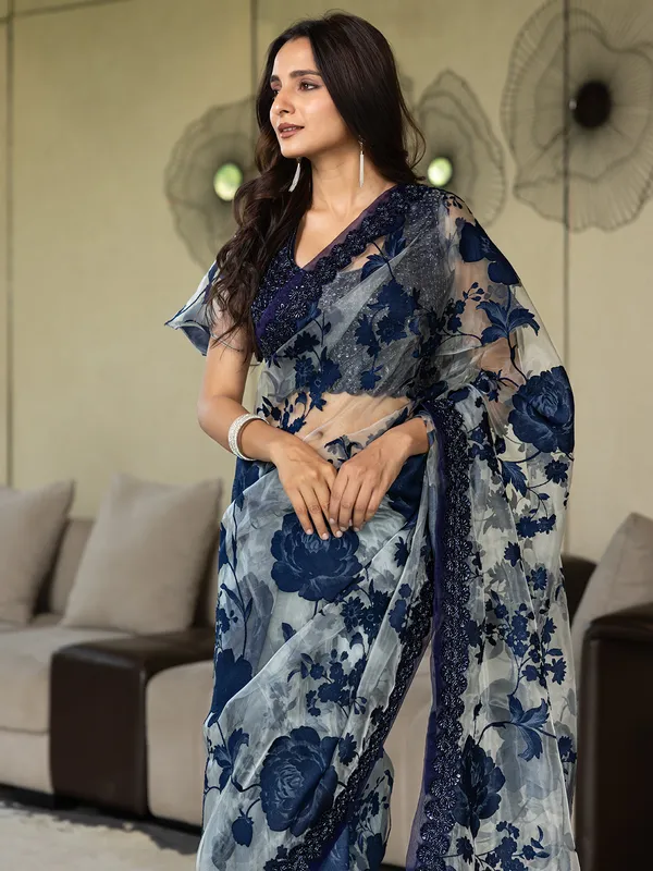 Navy organza party wear saree for women