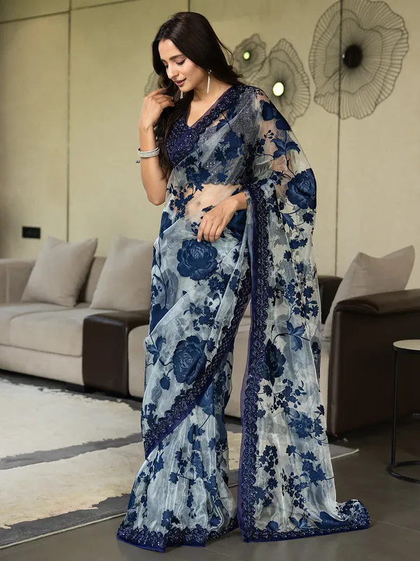 Navy organza party wear saree for women