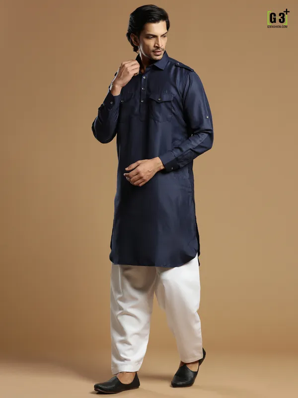 Navy outstanding plain cotton silk men pathani suit