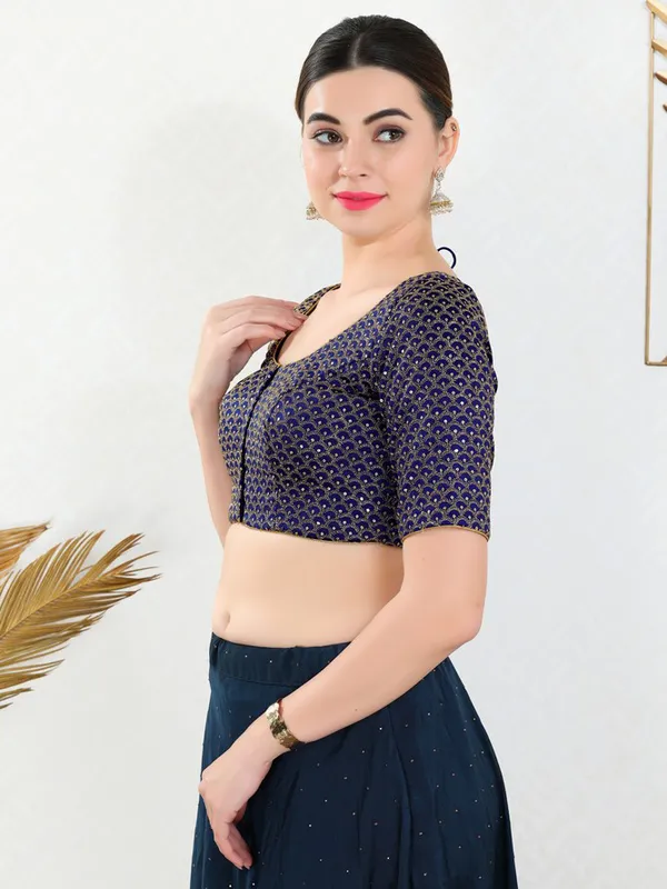 Navy plain art silk blouse