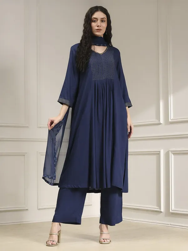 Navy plain cotton silk kurti set with dupatta