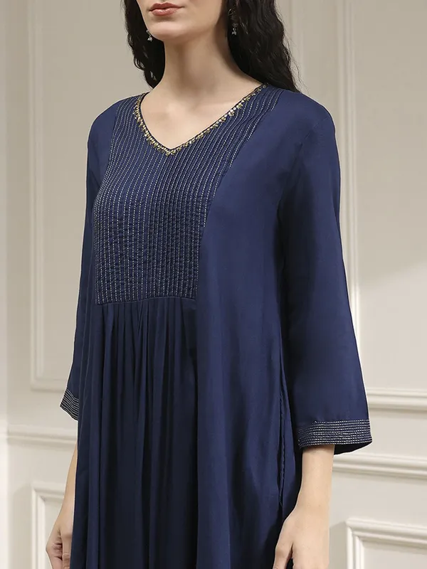 Navy plain cotton silk kurti set with dupatta