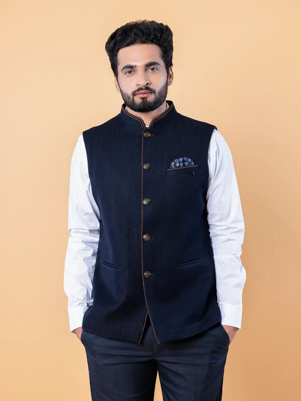 Navy plain waistcoat in terry rayon