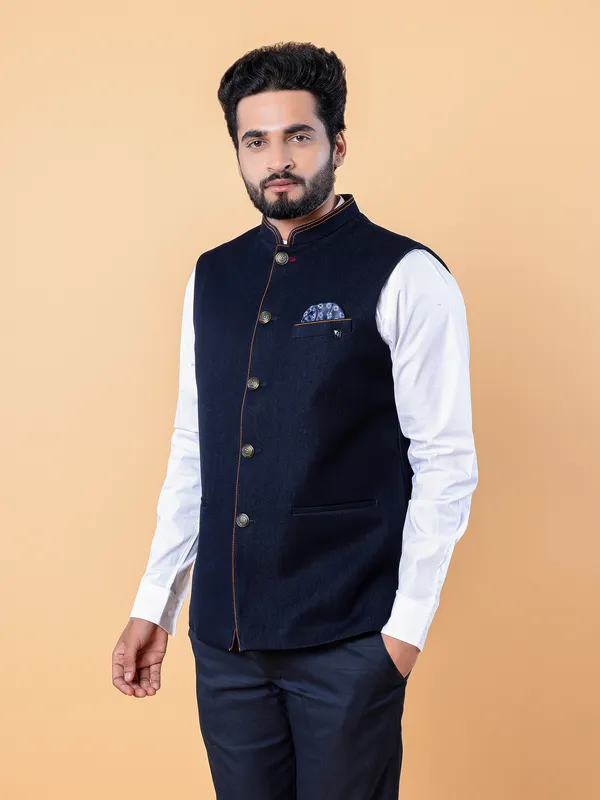 Navy plain waistcoat in terry rayon