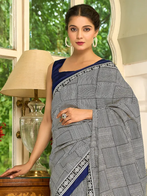 Navy printed bhagalpuri silk saree