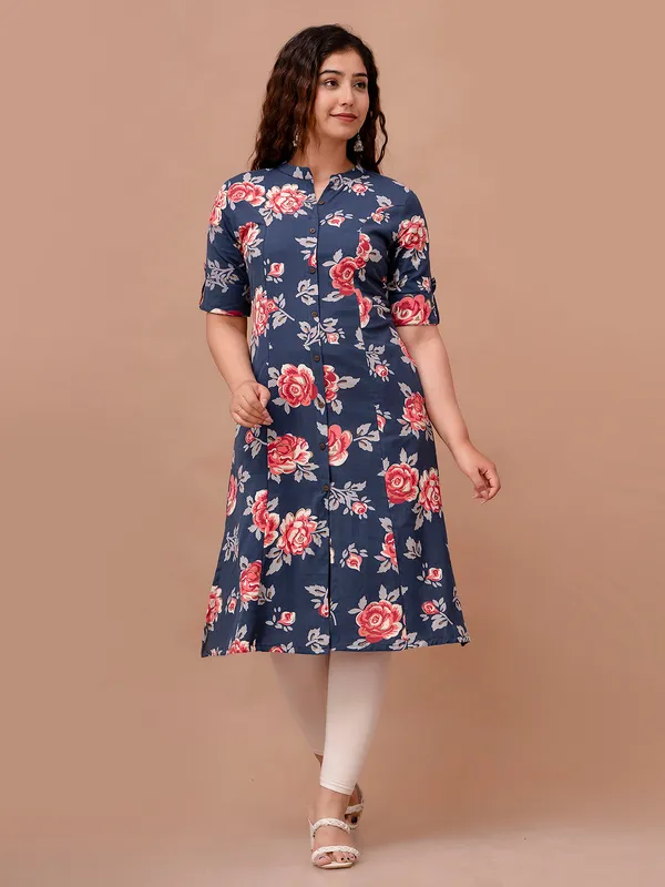Navy printed casual cotton kurti
