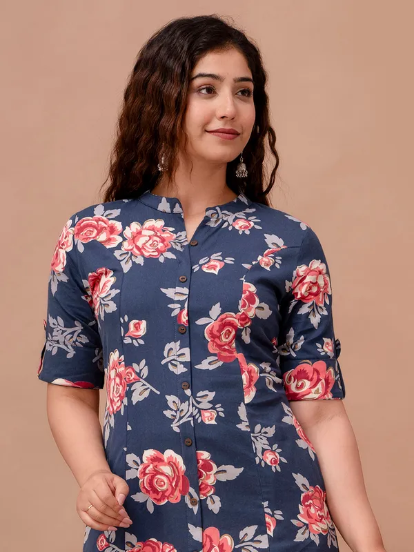 Navy printed casual cotton kurti