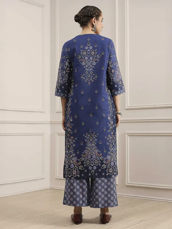 Navy printed cotton kurti set with dupatta