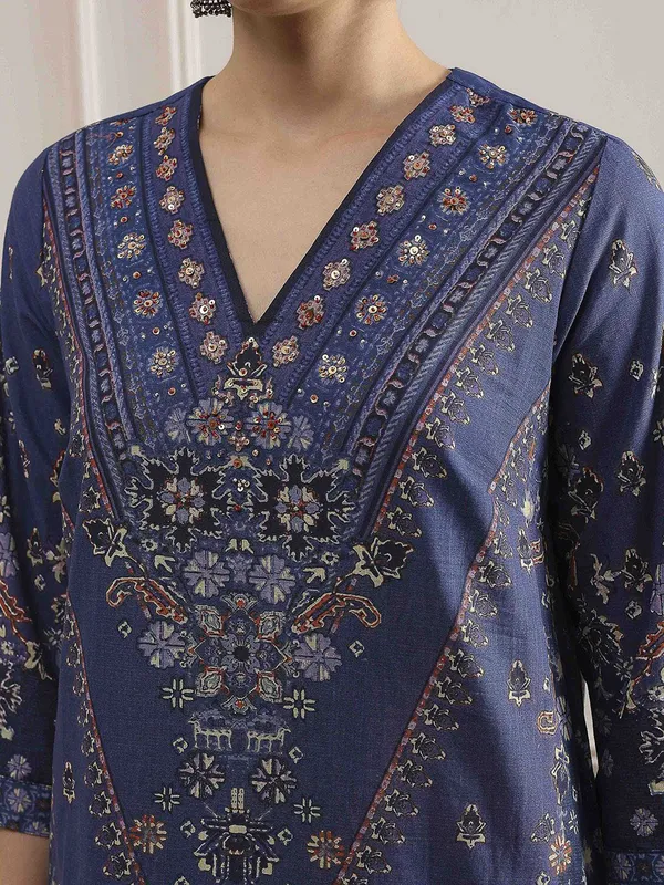 Navy printed cotton kurti set with dupatta