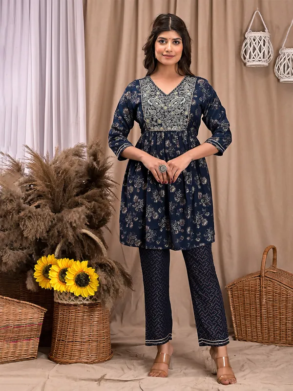 Navy printed cotton kurti with pant