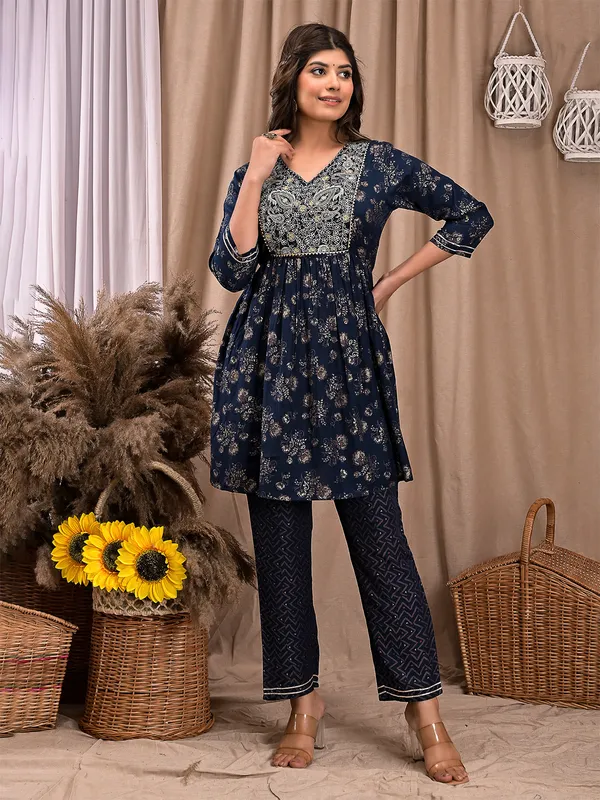 Navy printed cotton kurti with pant