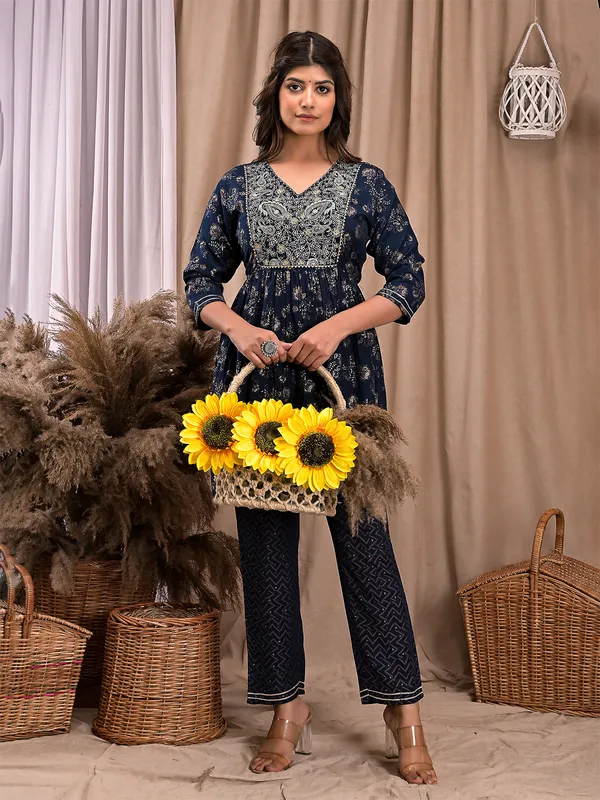 Navy printed cotton kurti with pant