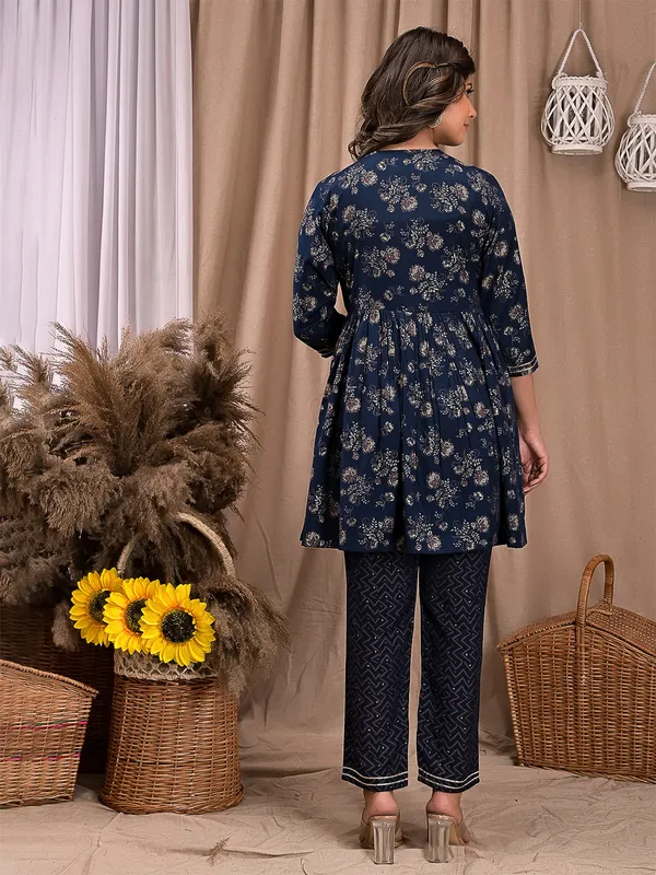 Navy printed cotton kurti with pant