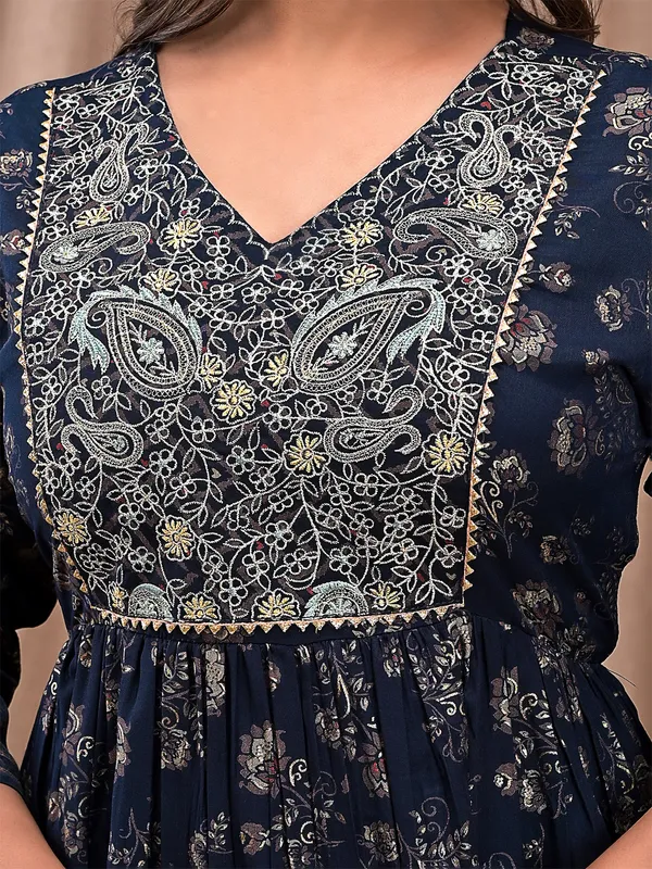 Navy printed cotton kurti with pant