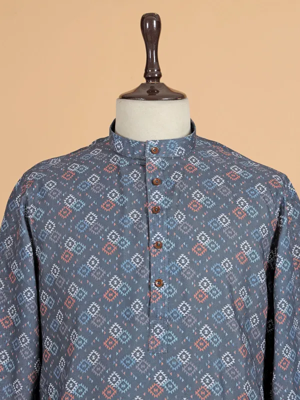 Navy printed cotton silk kurta set