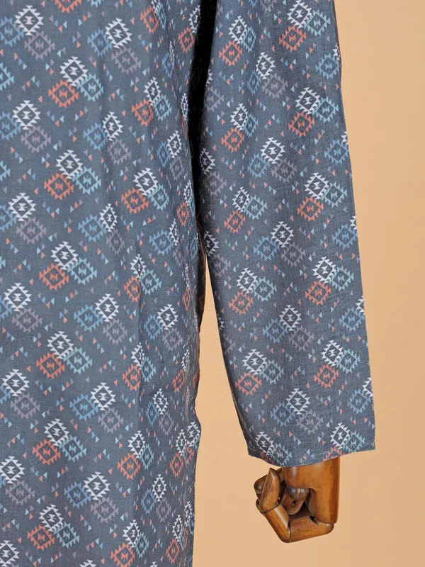 Navy printed cotton silk kurta set
