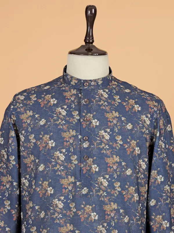 Navy printed cotton silk kurta suit for festive