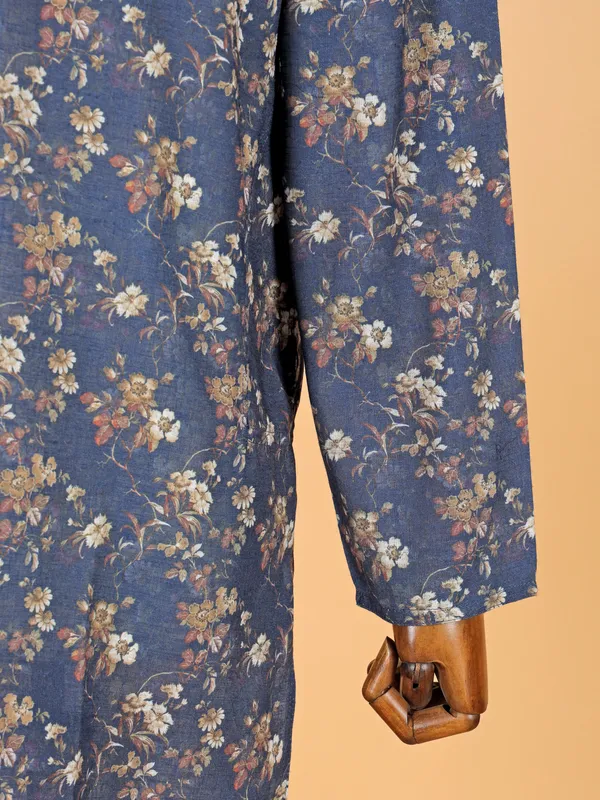 Navy printed cotton silk kurta suit for festive