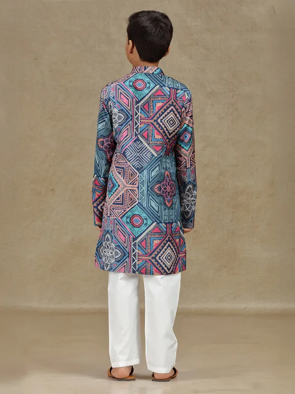Navy printed cotton silk kurta suit for festive wear