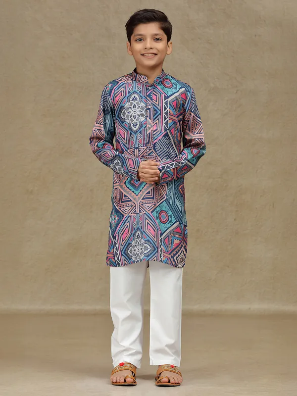 Navy printed cotton silk kurta suit for festive wear
