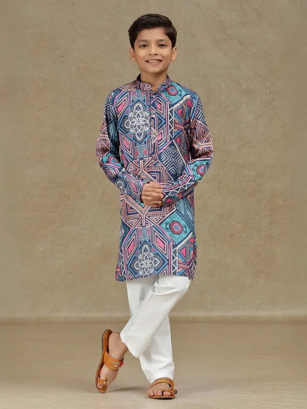Navy printed cotton silk kurta suit for festive wear