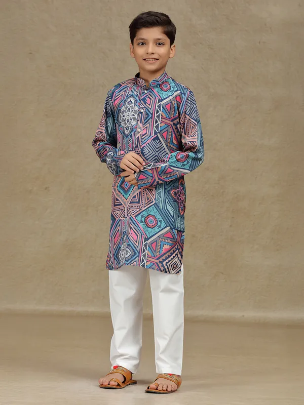 Navy printed cotton silk kurta suit for festive wear