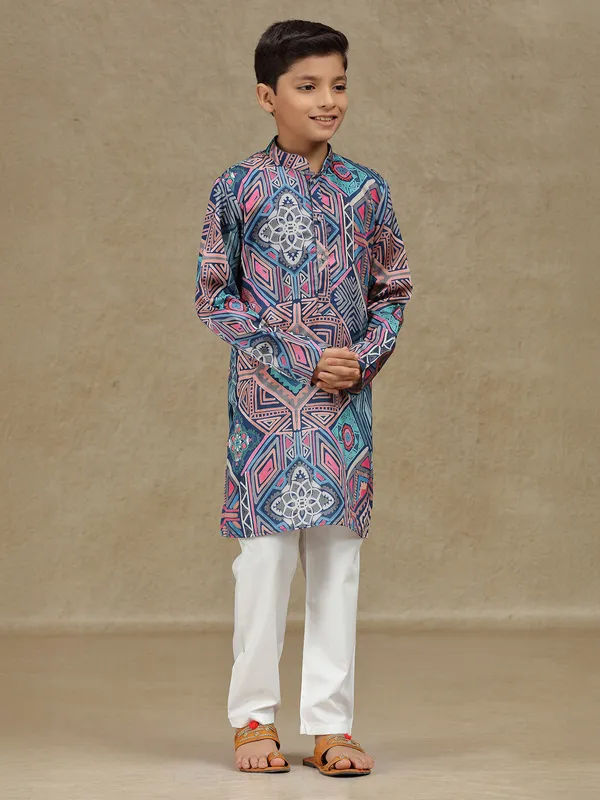 Navy printed cotton silk kurta suit for festive wear