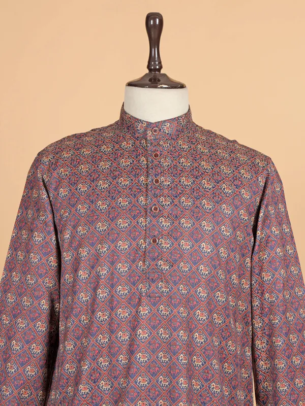 Navy printed cotton silk kurta suit for men