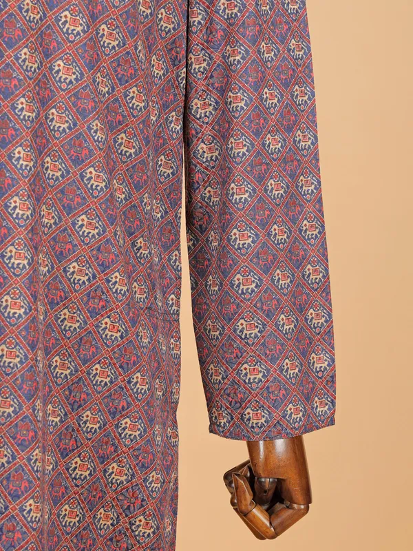 Navy printed cotton silk kurta suit for men