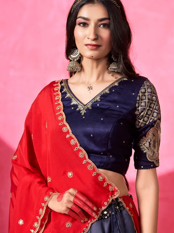 Navy printed cotton silk lehenga choli for navratri