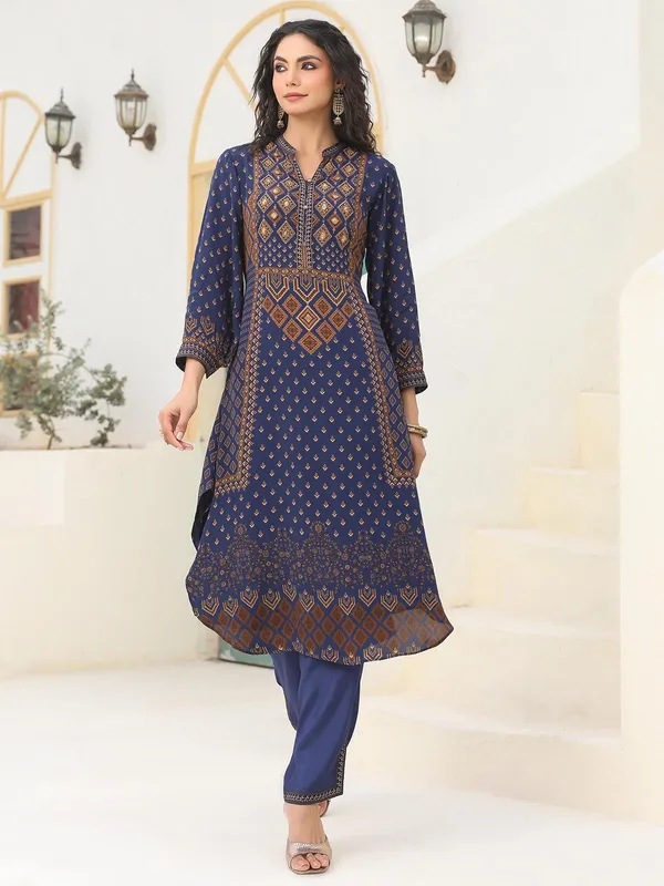 Navy printed crepe kurti set