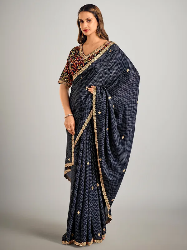 Navy printed crepe silk saree