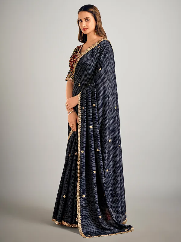 Navy printed crepe silk saree