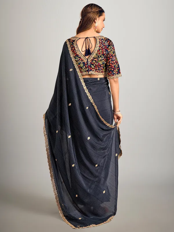 Navy printed crepe silk saree