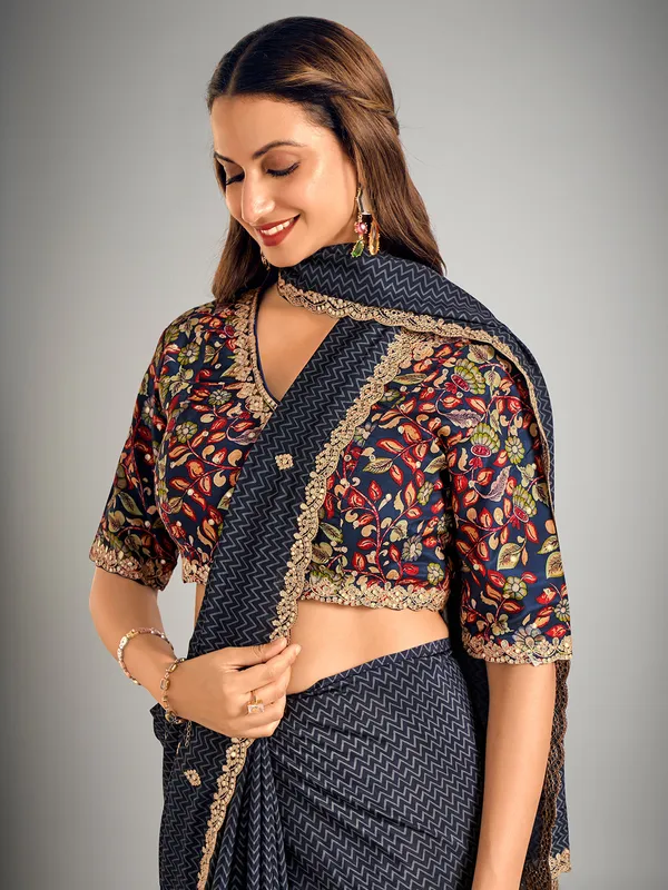 Navy printed crepe silk saree