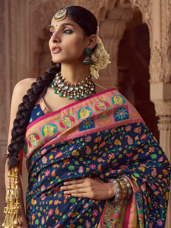 Navy printed festive wear saree in silk