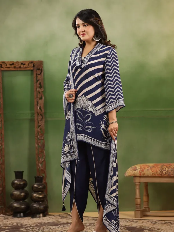 Navy printed kurti set in cotton silk