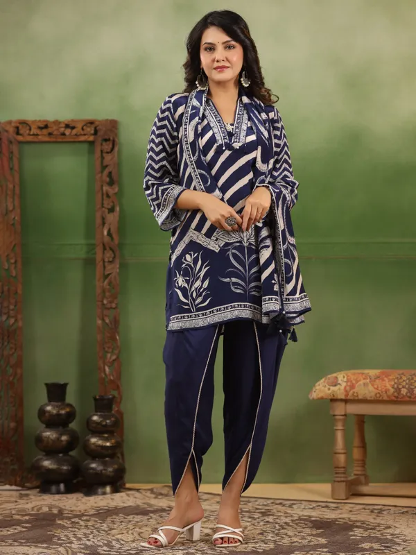 Navy printed kurti set in cotton silk