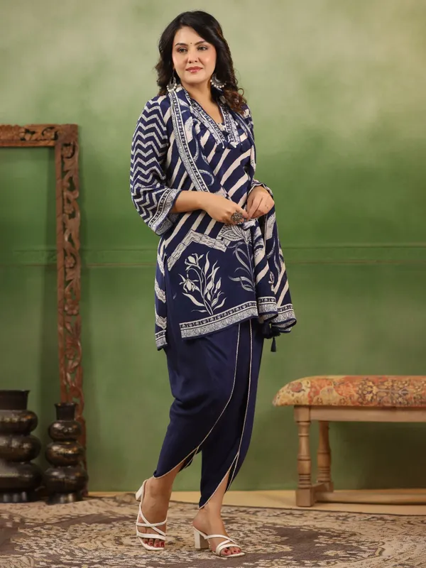Navy printed kurti set in cotton silk