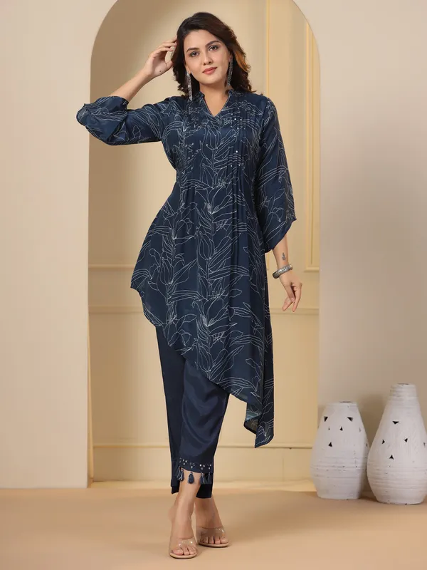 Navy printed kurti set in silk