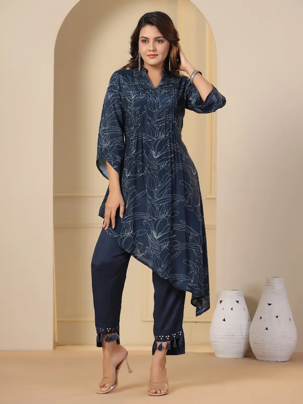 Navy printed kurti set in silk