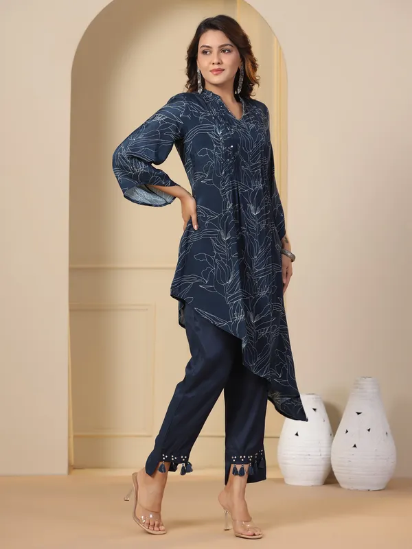 Navy printed kurti set in silk