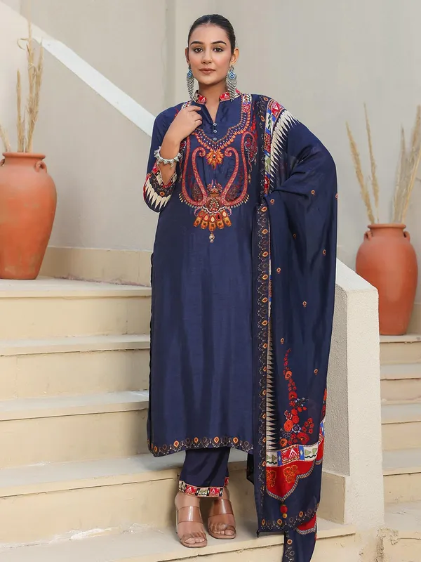Navy printed kurti set with dupatta for women