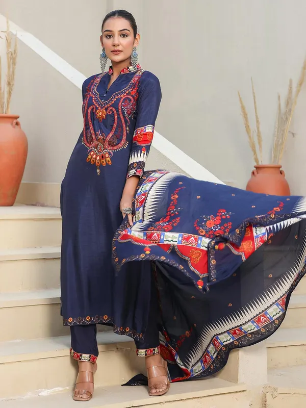 Navy printed kurti set with dupatta for women
