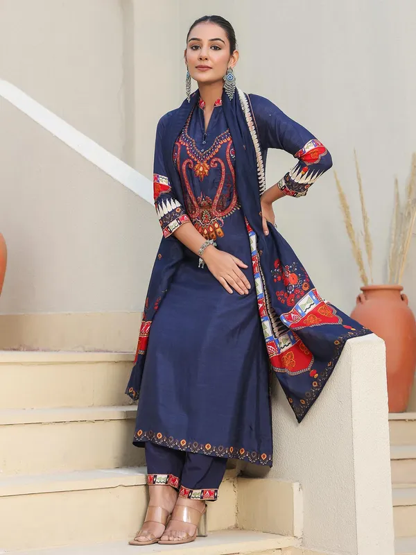 Navy printed kurti set with dupatta for women