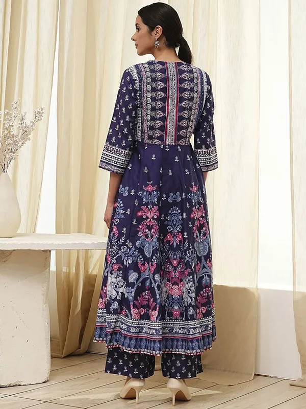 Navy printed palazzo kurti set in cotton silk